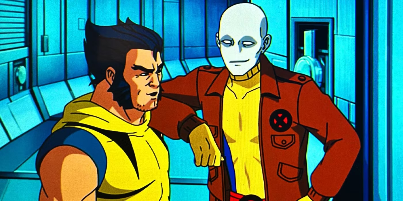 An image from X-Men 97 of Morph smirking with their elbow resting on Logan's shoulder as he talks.