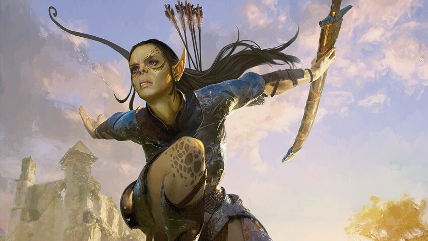 An image of Lae'zel from the game Baldur's Gate III wielding a bow and arrow and a sword.