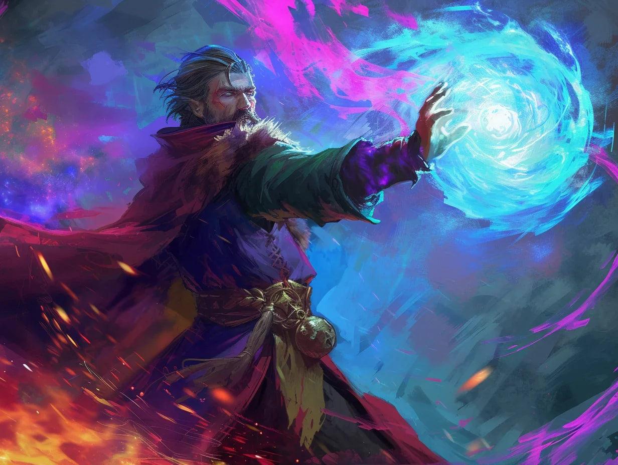 bearded caster extends his hand and casts a large blue flame spell