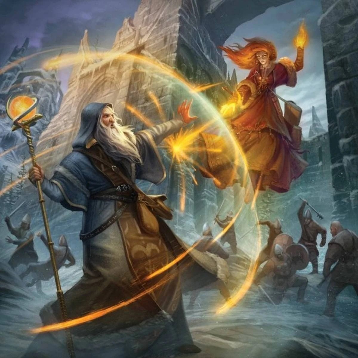 two spellcasters dueling, blocking spells with magic